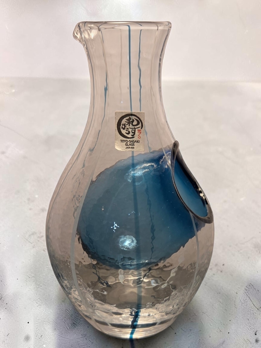 Toyo-Sasaki Blue Accent Glass Carafe - Handblown Decorative Pitcher